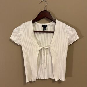 Forever 21 Cream Ribbed Tie-Front Crop Top